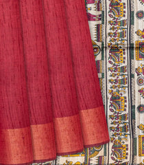 Crimson Handloom Plain Dupion Silk Saree With Printed Chariot Motifs-Crimson