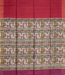 Crimson Handloom Plain Dupion Silk Saree With Printed Chariot Motifs-Crimson