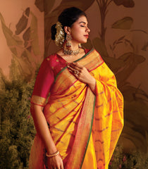 Mango Yellow Handloom Korvai Silk Saree With Meena Lotus Buttas