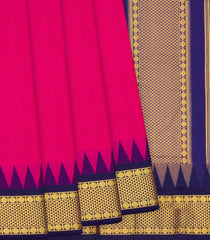 Hot Pink Kanchipuram Silk Saree With Contrast Navy Border-Hot Pink