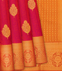 Crimson Silk Saree With Floral Zari Buttas & Contrast Border-Crimson