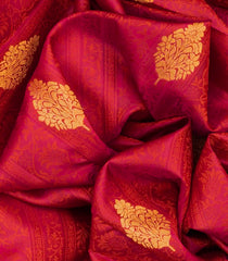 Crimson Silk Saree With Floral Zari Buttas & Contrast Border-Crimson