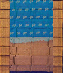 Blue Silk Saree With Floral Buttas & Checks-Blue