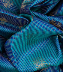 Blue Silk Saree With Floral Buttas & Checks-Blue