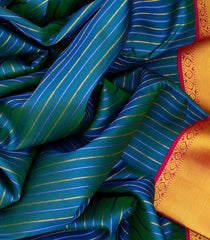 Peacock Blue Silk Saree With Zari Stripes & Contrast Border-Peacock Blue