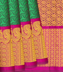 Green Silk Saree With Abstract Motifs & Contrast Pink Border-Green