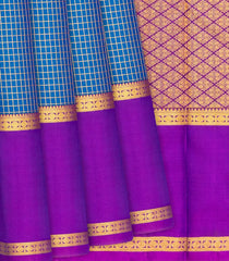 Blue Silk Saree With Zari Checks & Purple Border-Blue