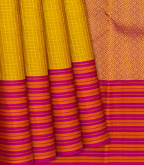 Mustard Silk Saree With Zari Checks & Pink Border-Mustard