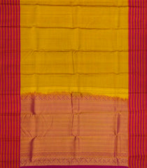 Mustard Silk Saree With Zari Checks & Pink Border-Mustard