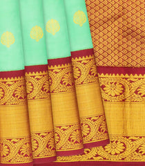 Aquamarine Silk Saree With Floral Buttas & Contrast Crimson Border-Aquamarine