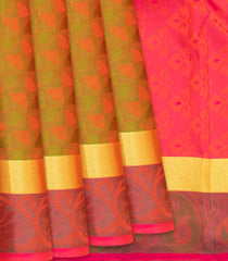 Olive Green Silk Saree With Abstract Motifs & Contrast Border-Olive Green