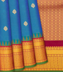 Blue Silk Saree With Floral Buttas & Contrast Border-Blue