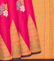 Hot Pink Silk Saree With Floral Buttas & Temple Border-Hot Pink