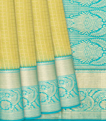 Cardamom Green Silk Saree With Zari Checks & Contrast Border-Cardamom Green