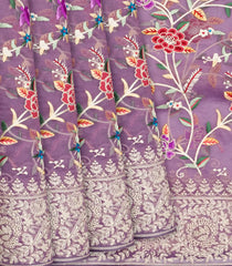 Lilac Organza Silk Saree With Meena Embroidered Motifs-Lilac