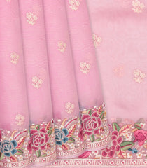 Bubble Gum Pink Organza Silk Saree With Meena Embroidered Motifs-BubbleGum Pink