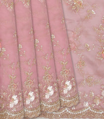 Baby Pink Woven Organza Saree With Embroidered Floral Motifs-Baby Pink