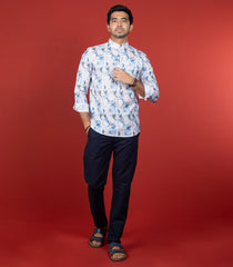 White Geometric Printed Short Kurta With Mandarin Collar-White