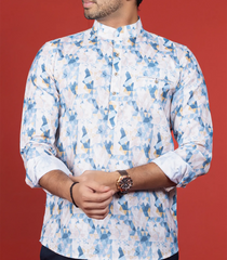 White Geometric Printed Short Kurta With Mandarin Collar-White