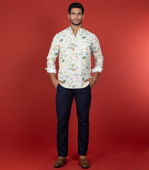 White Floral Short Kurta With Mandarin Collar-Off White