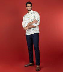 White Floral Short Kurta With Mandarin Collar-Off White