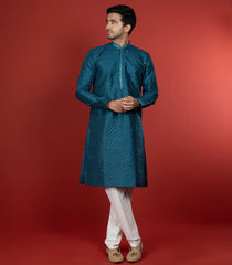 Deep Teal Kurta With White Straight Fit Pants-Teal