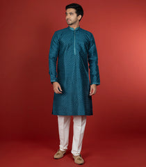 Deep Teal Kurta With White Straight Fit Pants-Teal