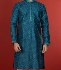 Deep Teal Kurta With White Straight Fit Pants-Teal