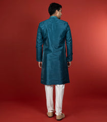 Deep Teal Kurta With White Straight Fit Pants-Teal