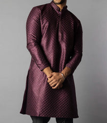 Dark Purple Embroidered Kurta With Black Straight Fit Pants-Purple