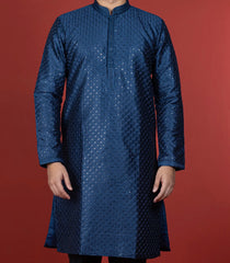 Dark Blue Kurta With Black Straight Fit Pants-Dark Blue