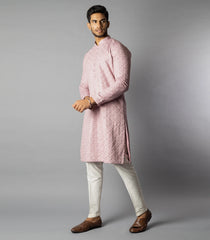 Soft Pink Kurta With White Straight Fit Pants And Tonal Embroidery-Pink