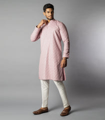 Soft Pink Kurta With White Straight Fit Pants And Tonal Embroidery-Pink