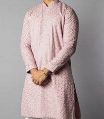 Soft Pink Kurta With White Straight Fit Pants And Tonal Embroidery-Pink