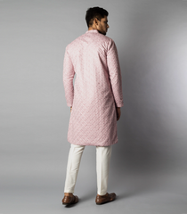 Soft Pink Kurta With White Straight Fit Pants And Tonal Embroidery-Pink