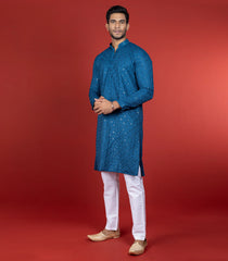 Classic Blue Kurta With White Straight Fit Pants-Blue