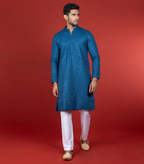 Classic Blue Kurta With White Straight Fit Pants-Blue