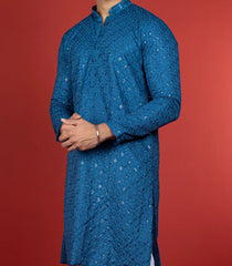 Classic Blue Kurta With White Straight Fit Pants-Blue