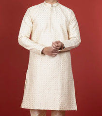 Cream Kurta With Sequin Embellishment And Gold Chudidar-Cream