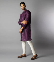 Royal Violet Tonal Embroidered Kurta With White Straight Fit Pants-Violet