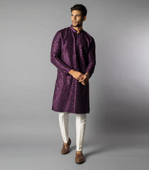 Royal Violet Tonal Embroidered Kurta With White Straight Fit Pants-Violet