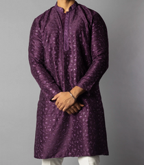 Royal Violet Tonal Embroidered Kurta With White Straight Fit Pants-Violet