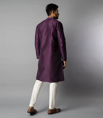 Royal Violet Tonal Embroidered Kurta With White Straight Fit Pants-Violet