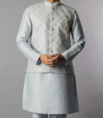 Glacier Grey Kurta Set With Straight Fit Pants And Nehru Jacket-Grey