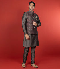 Brown Kurta With Straight Fit Pants And Nehru Jacket-Brown