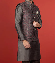 Brown Kurta With Straight Fit Pants And Nehru Jacket-Brown