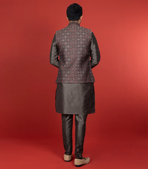 Brown Kurta With Straight Fit Pants And Nehru Jacket-Brown