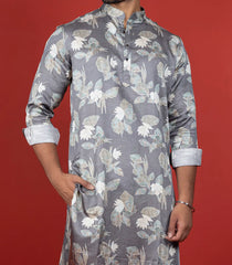 Grey Floral Printed Kurta -Grey