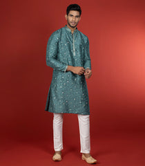 Stone Blue Kurta With White Straight Fit Pants-Blue