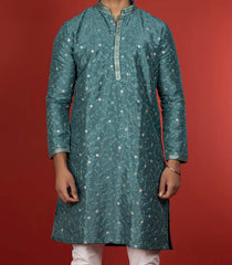 Stone Blue Kurta With White Straight Fit Pants-Blue